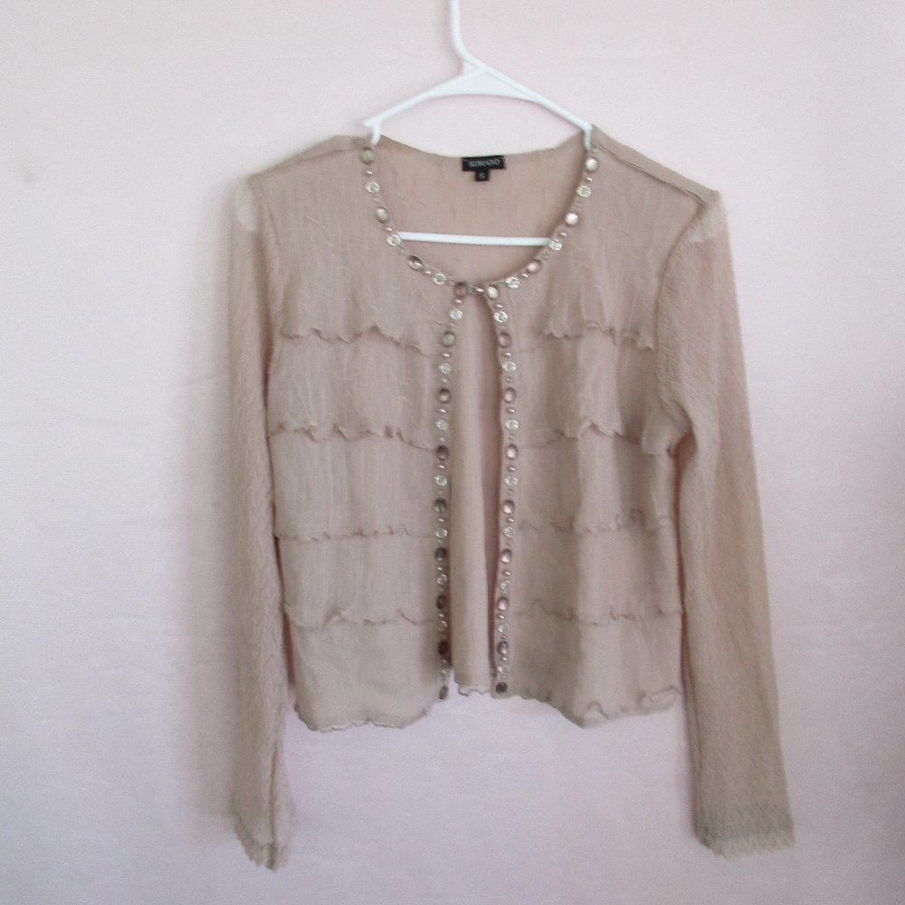 Size S 90s KOMAROV Off-Pink Blouse/Top Frills Beading C-Thru Long Sleeves